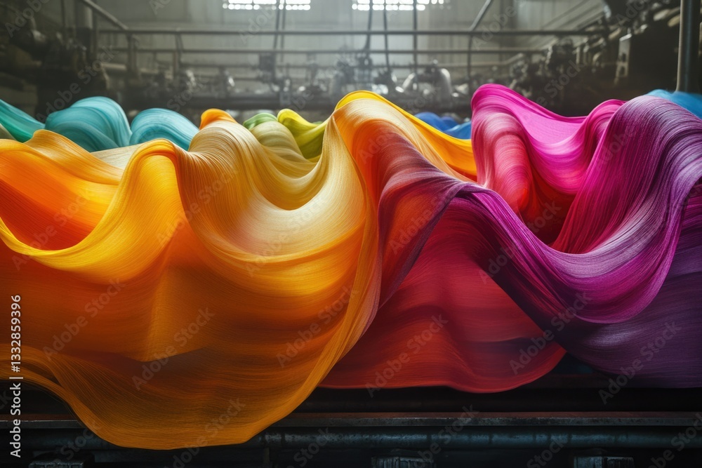 Poster vibrant, flowing fabrics in a textile factory, showcasing a spectrum of rich colors and textures.