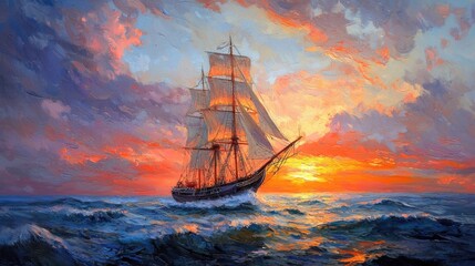 Obraz premium A majestic sailing ship sails on open waters as the sun sets, casting a warm glow across the sky. Colorful clouds enhance the tranquil beauty of the moment