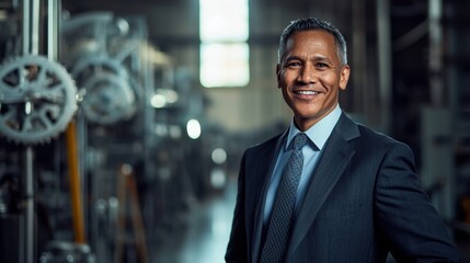 A man in a tailored suit stands proudly in a workshop filled with machinery and equipment. Sunlight filters through windows, illuminating the modern industrial environment around him