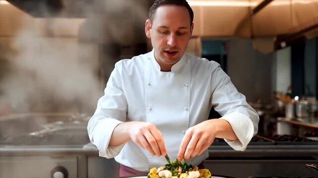 Professional chef in a kitchen finishing the final touches on a gourmet dish.
