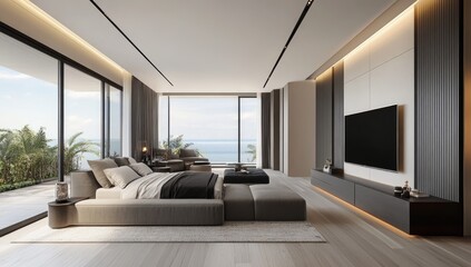 Fototapeta premium Modern master bedroom with ocean view, stylish interior design