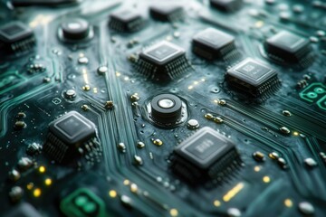 Close-up view of a circuit board showcasing intricate electronic components and pathways.