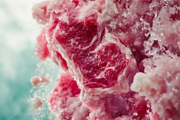 Fresh Raw Beef Chuck Eye Steak Chunks with Marbling, Frozen, Close-Up Texture