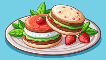 Two delightful ice cream cookie sandwiches with mint and strawberry layers on a plate, promising a sweet and refreshing indulgence to savor.