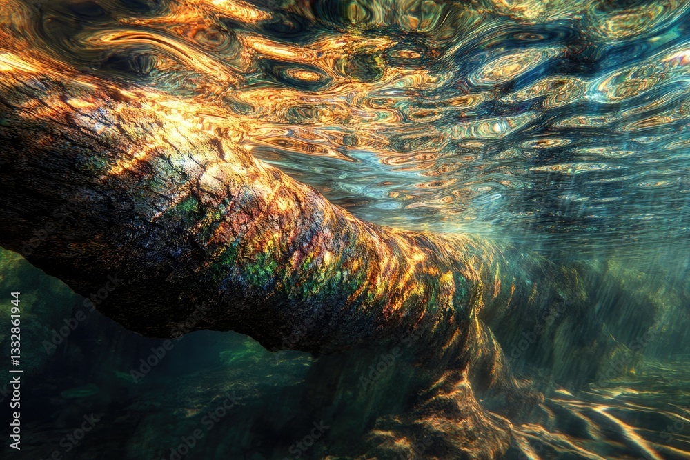 Poster sunlit underwater scene showcasing a submerged log, vibrant colors, and water's reflective patterns.