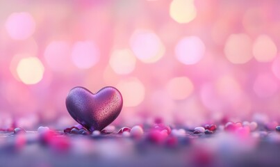 Obraz premium Valentine's Day scene featuring a sweetheart on the ground, set against a pastel-hued, glistening bokeh background.