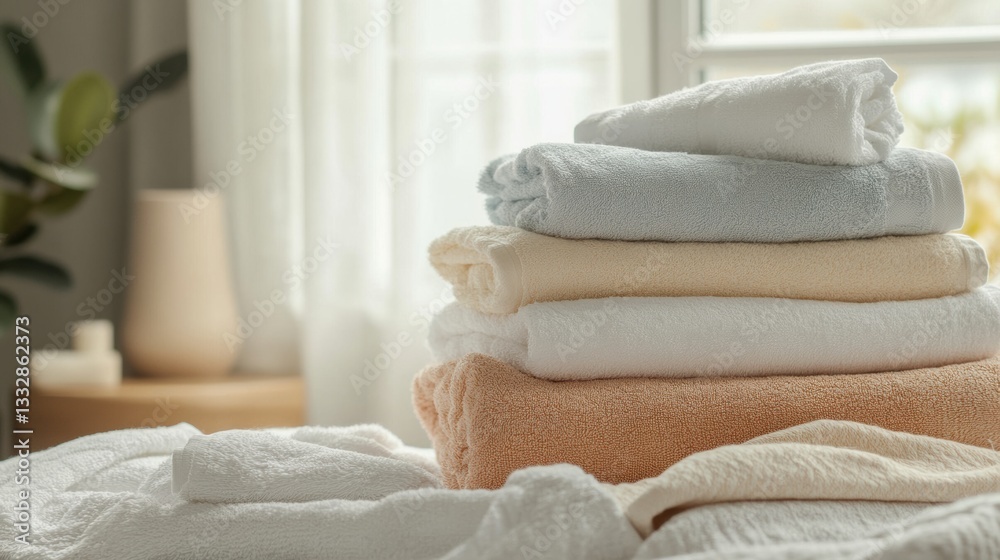 Leinwandbilder freshly washed towels and bed linens create a cozy atmosphere in a clean bedroom with soft light gen