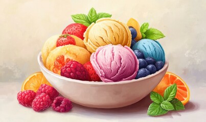 Assorted Ice Cream Scoops in Bowl with Fresh Fruits and Mint Leaves