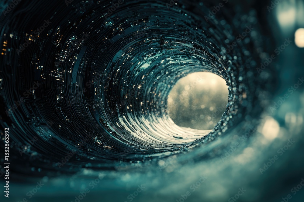 Poster a mesmerizing view inside a powerful, swirling ocean wave, capturing the light and texture of the wa