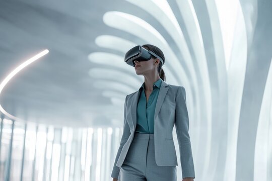 A businesswoman wearing a VR headset explores immersive technology in a modern, futuristic office setting.