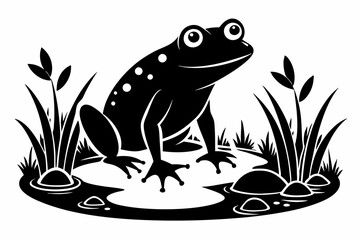frog in the pond line art silhouette vector illustration