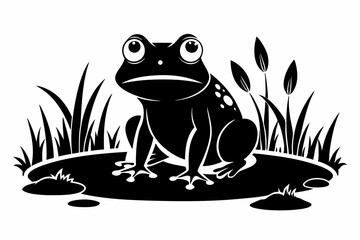 frog in the pond line art silhouette vector illustration
