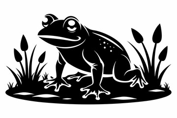 frog in the pond line art silhouette vector illustration