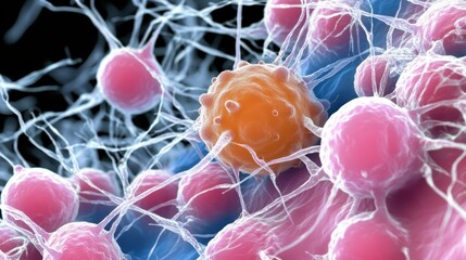 Microscopic view displaying aggressive cancer cells invading surrounding tissue, creating abnormal growths and potentially migrating through neurological pathways