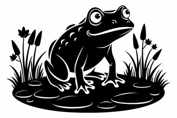 frog in the pond line art silhouette vector illustration