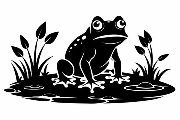 frog in the pond line art silhouette vector illustration