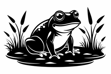 frog in the pond line art silhouette vector illustration