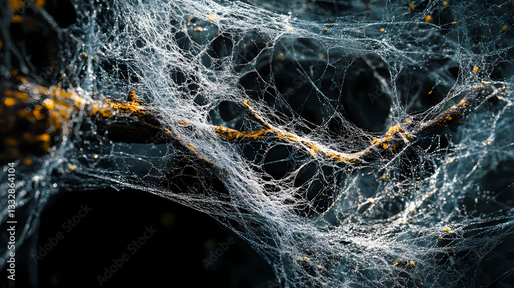 Wall mural close-up tree branch spider web-like structure web made microscopic image of mushroom. fungal web. i