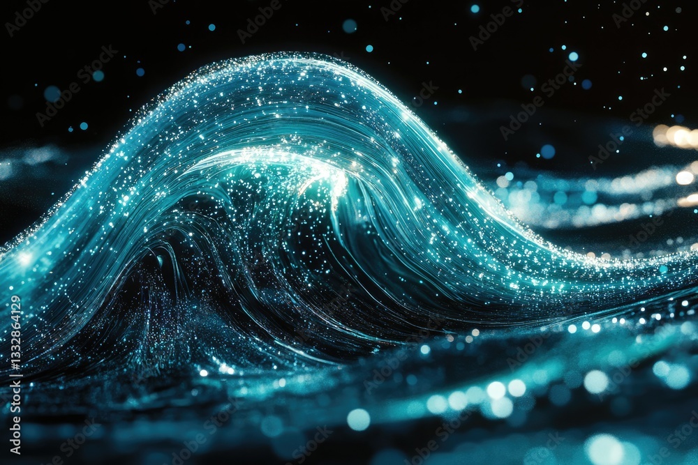 Poster Abstract wave of sparkling turquoise energy, flowing dynamically in a dark background.