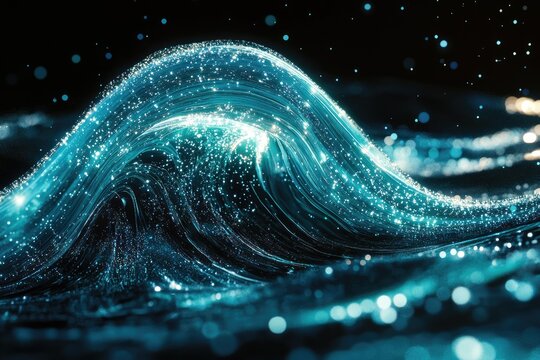 Abstract wave of sparkling turquoise energy, flowing dynamically in a dark background.
