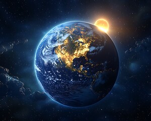 A vibrant image showcasing planet earth in space with sun