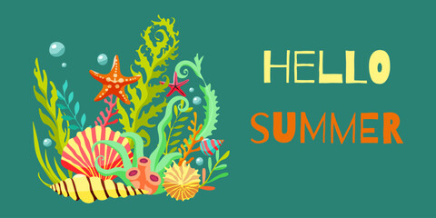 A colorful underwater scene with a starfish and other sea creatures. The background is a bright blue color. The text reads "Hello Summer" in a bold font