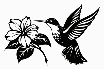 hummingbird and hibiscus line art silhouette vector illustration