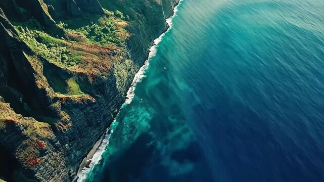Breathtaking aerial view of Na Pali coast along the Pacific Ocean in Kauai, Aerial Pacific ocean Kauai Na Pali mountain coastline