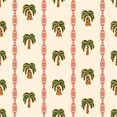 Striped palm trees seamless pattern. Exotic hand-drawn plant, ethnic ornament, lines. Vector summer beach print. Cute hand painted repeat background, textile design, wallpaper, fabric, wrap.
