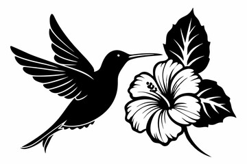 hummingbird and hibiscus line art silhouette vector illustration