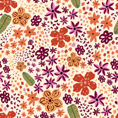 Tropical exotic floral seamless pattern. Naive hand drawn small flowers and leopard skin, cute jungle repeat background. Vector hand painted summer vacation print, bright textile design, wallpaper. © Tani Kuzminka