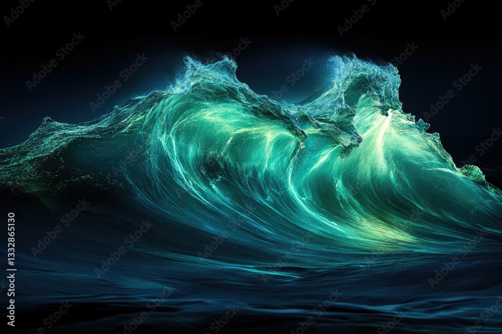Poster A mesmerizing teal wave crashes, illuminated from within, creating a surreal, luminous spectacle of nature's power.