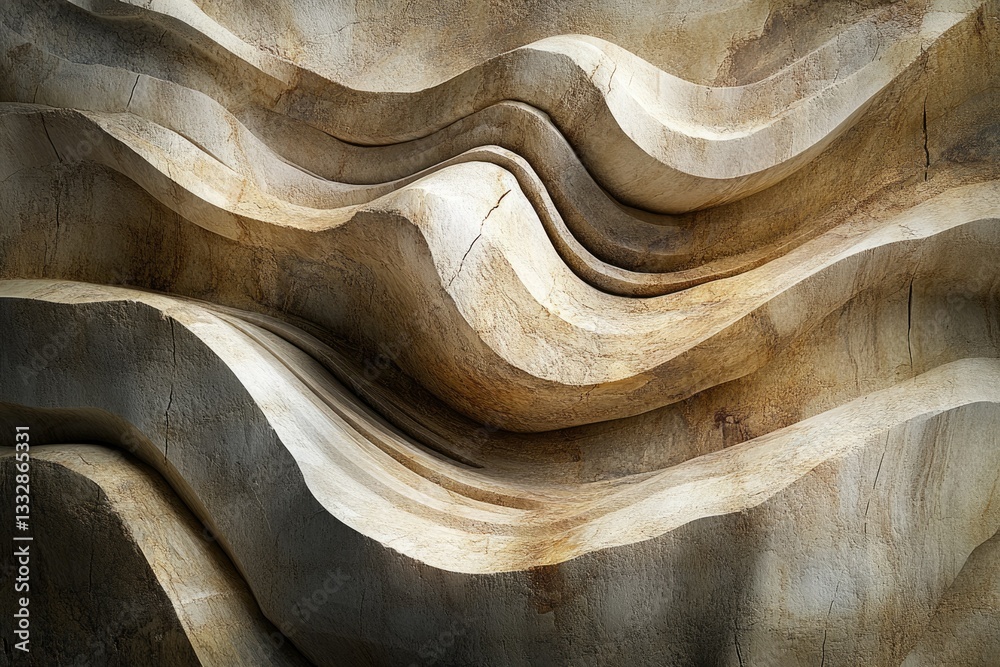 Poster abstract sculpture of layered, flowing wood, creating a dynamic, wave-like pattern.