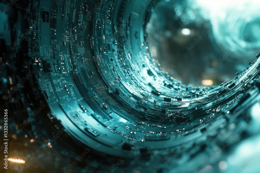 Aufkleber Abstract turquoise digital circuitry swirling in a vortex, representing data flow and technology.
