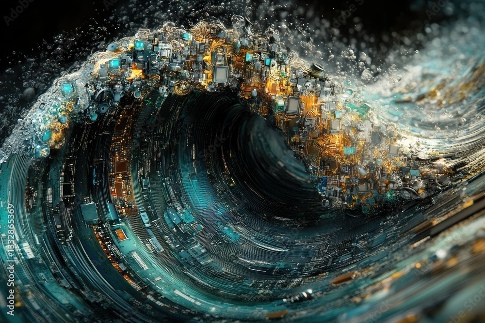 Aufkleber A mesmerizing digital wave composed of circuit boards, symbolizing the convergence of technology and nature's power.