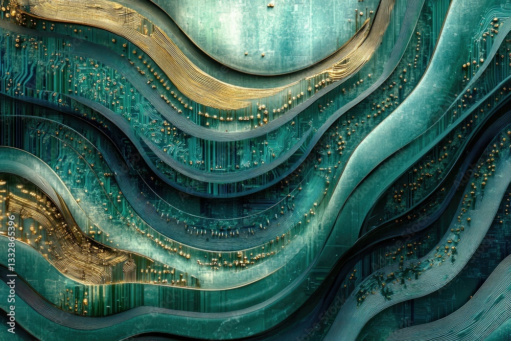 Poster abstract art depicting teal and gold waves, resembling circuit boards, creating a luxurious and tech