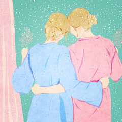 Dwie młode kobiety odwrócone tyłem z bukietami gipsówki w dłoniach  spadające płatki  turkusowe tło. © Monika