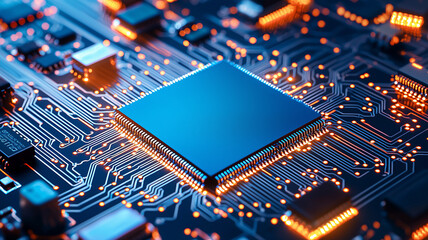 Artificial intelligence AI microchip on a futuristic blue circuit board with glowing digital connections Background