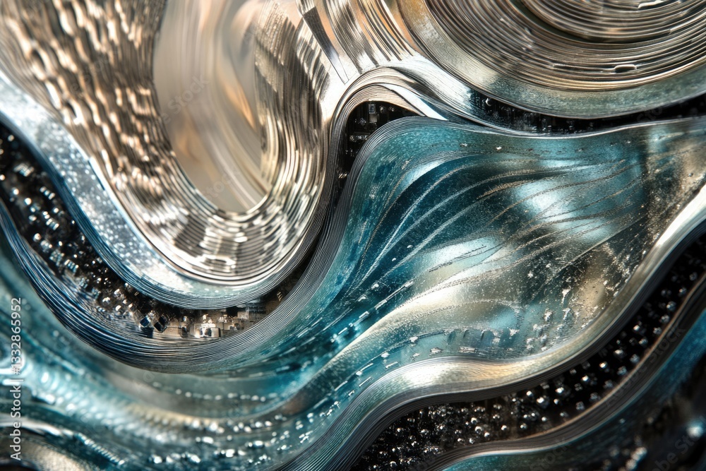 Poster abstract swirling metallic waves, teal and silver, textured and gleaming, creating a mesmerizing vis