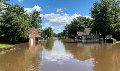 Obraz premium Suburban neighborhood submerged in floodwaters, rooftops visible