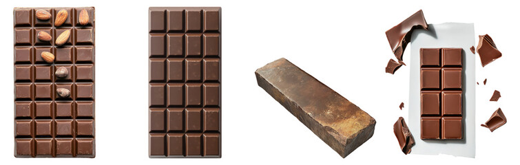 Obraz premium Variety of Chocolate Bars and Ingredients for Sweet Treats, Isolated on Transparent Background