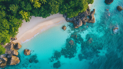 Aerial Tropical Paradise with Crystal Clear Beaches, Lush Greenery and Idyllic Setting for Luxury Getaway in Stunning Natural Setting &ndash; Generative AI