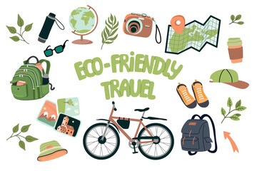 Eco-friendly travel set with bike and hand written. Bicycle, backpack, cap, sneakers, map, globe, water bottle, camera, green branches. Cartoon vector  elements on a white background. Flat colors.