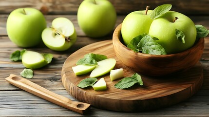 Green apples in bowl on wood for healthy lifestyle