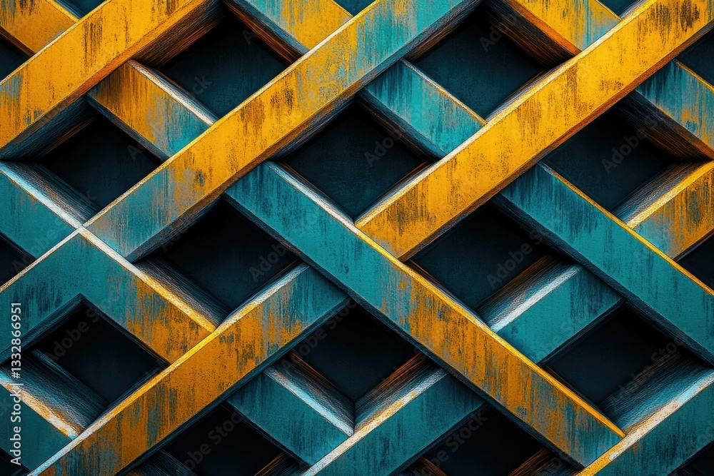 Poster abstract crisscross pattern of teal and gold weathered wood beams creating a geometric design.