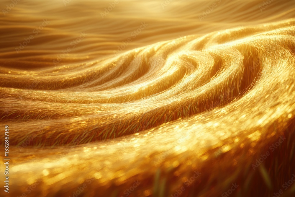 Poster golden wheat field shimmering under sunlight, creating a flowing, wave-like pattern.