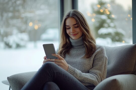 Young woman relaxes on a cozy couch, using her smartphone near a snowy window.