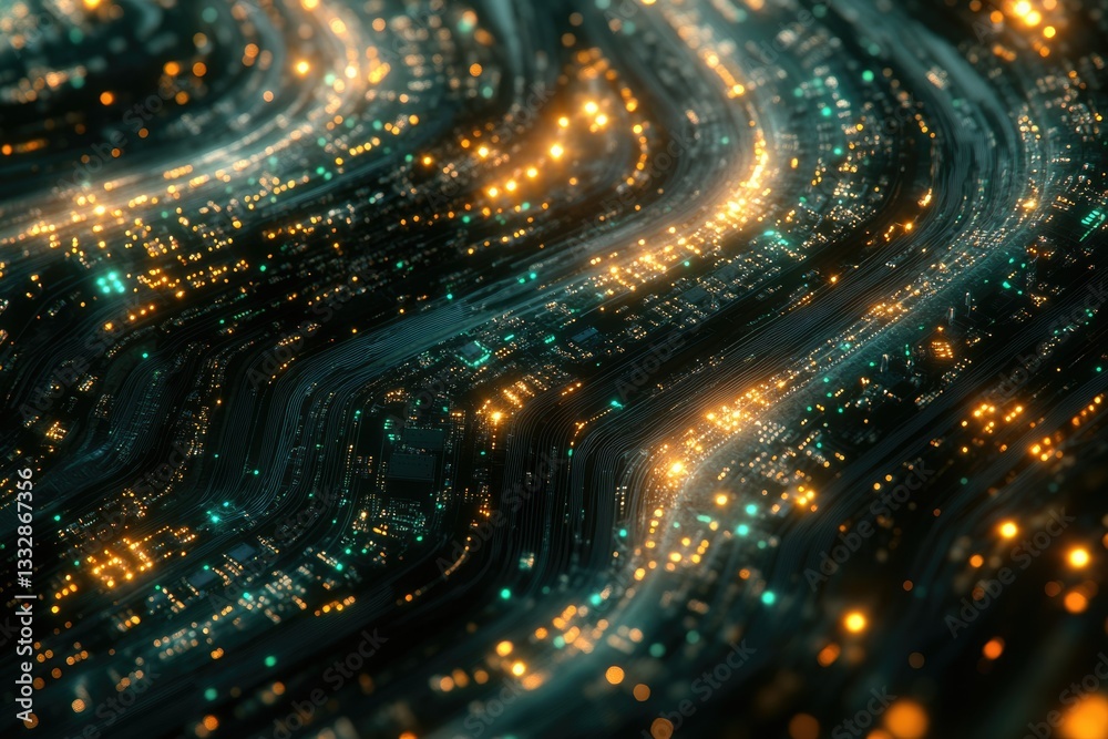 Poster Abstract digital art depicting a wavy circuit board with glowing lights, illustrating technological complexity.