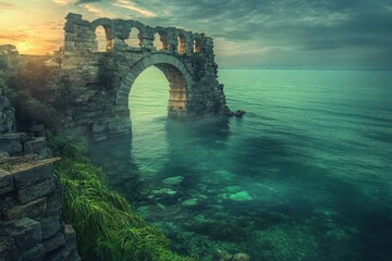 Ancient stone archway partially submerged in the sea at sunset, evocative of mystery and forgotten history.