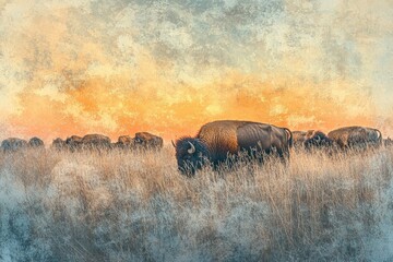 A herd of American bison grazes in a tallgrass prairie at sunset, a picturesque wildlife scene.